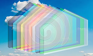 House, in 3D three-dimensional perspective, with transparent elements, shadows and background of sky and clouds.