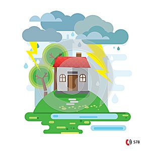 House damaged by a fallen tree, vector illustration, no transparencies