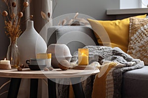 house decor grey yellow interior home pillow sofa modern cushion bright. Generative AI.
