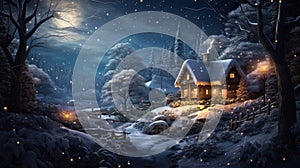 House decorated for Christmas in winter forest at night, landscape with lights, moon, snow and trees. Lone hut in snowy woods.