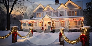 house decorated with Christmas wreaths and lights,charming country house decorated with Christmas decorations in the morning with