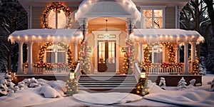 house decorated with Christmas wreaths and lights. Generative AI