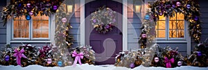 house decorated with Christmas wreaths and lights. Generative AI