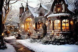 House decorated with garland lights christmas and new year. Winter holydays photo