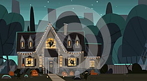 House Decorated For Halloween Home Building Front View With Different Pumpkins, Bats Holiday Celebration Concept