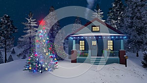 House and decorated outdoor Christmas tree 4K