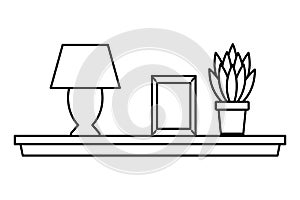 House decoration light lamo picture and plant pot on shelf in black and white photo