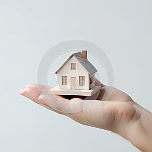 house delicately placed on a hand, symbolizing the real-estate concept of property ownership, investment, and finance.