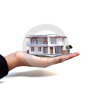 house delicately placed on a hand, symbolizing the real-estate concept of property ownership, investment, and finance.