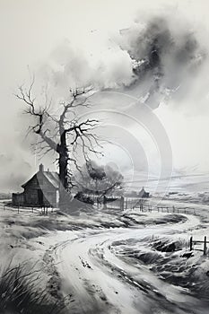 House in a Desolate Winter Landscape, An Ink Wash Painting Created With Generative AI Technology