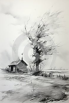 House in a Desolate Winter Landscape, An Ink Wash Painting Created With Generative AI Technology