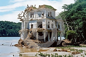 the house is destroyed by a hurricane on the seashore.