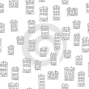 House doodle pattern, village vector illustration. Seamless texture in black and white colors