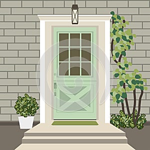 House door front with doorstep and mat, steps, window, lamp, flowers, building entry facade, exterior entrance design illustration