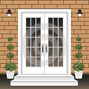 House door front with doorstep and steps porch, window, lamp, flowers in pot, building entry facade, exterior entrance design