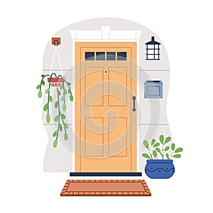 House door, front view from street. Closed home entrance exterior with potted flower plants, lamp, postbox, peehole and