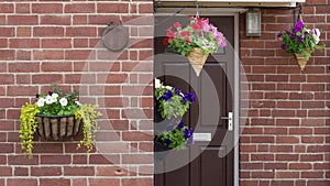 House door with hanging flower baskets