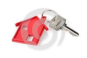 House door key with red house key chain pendant