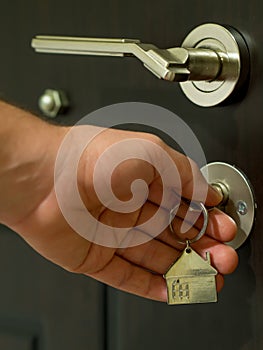 House door lock on key with keychain