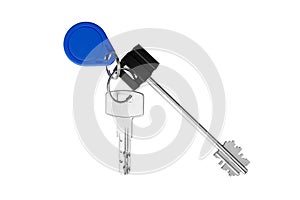 House door lock keys bunch and magnetic key on ring on white background isolated close up, two silver metal keys on keyring, fob