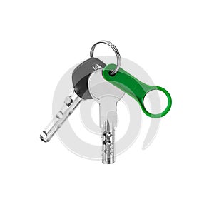 House door lock keys bunch and magnetic key on ring on white background isolated close up, two silver metal keys on keyring, fob