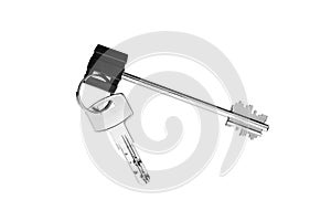 House door lock keys bunch on ring on white background isolated close up, two silver metal keys on keyring, pair of steel keys