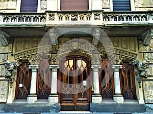 House of Dragons, Gothic revival style. Enchanting architecture, history and time in Turin city, Italy