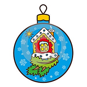 The house is drawn on a Christmas tree ball. Simple doodle icon