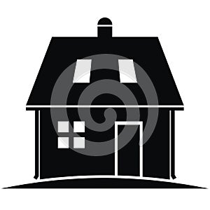 House with eaves and roof windows, door and smokestack, vector icon