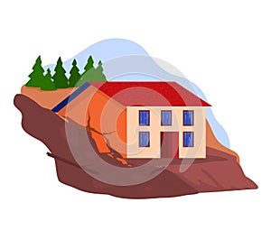 House on edge of cliff. Home in danger of falling due to erosion. Risky real estate location vector illustration