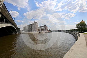 House on the Embankment with the State Estrada Theatre inscription in Russian.Center of Moscow, Russia