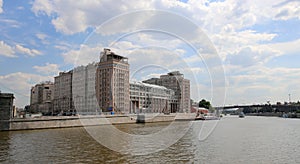 House on the Embankment with the State Estrada Theatre inscription in Russian.Center of Moscow, Russia