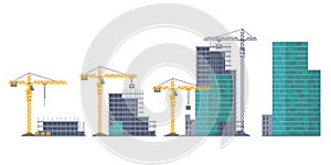 House emergence. Building stages. Unfinished real estate and crane. Housing development from frame constructions and