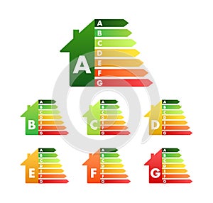 House with Energy Efficiency classes, chart. EPC energy performance certificate. Efficiency of housing. Vector stock