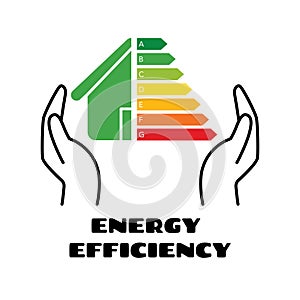 House with energy efficiency icon between hands. Energy class rating. Save energy concept