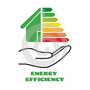 House with energy efficiency symbol on hand. Energy class rating. Save energy