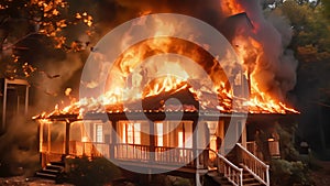 House engulfed in fierce flames during the night. Intense fire consuming a home. Concept of emergency, disaster response