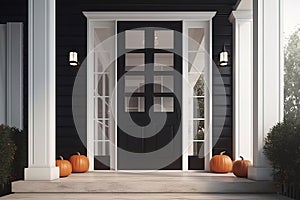 House entrace decorated with orange pumpkins photo