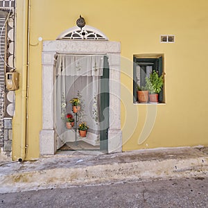 House entrance and flowerpots