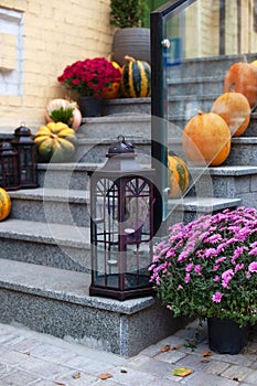 House entrance staircase decorated for autumn holidays, fall flowers and pumpkins. Cozy porch of the house with vintage lanterns i