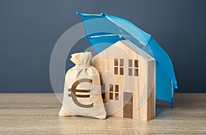 House with euro money bag and blue umbrella.