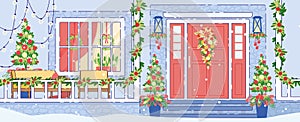 House Exterior Christmas Decorations Flat Vector