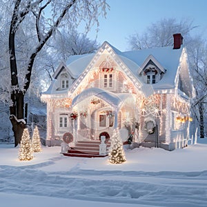 House exterior Christmas decorations and illumination snowy