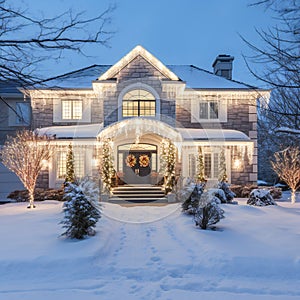 House exterior Christmas decorations and illumination snowy