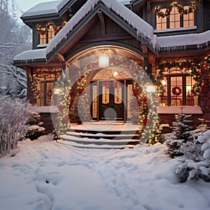 House exterior Christmas decorations and illumination snowy