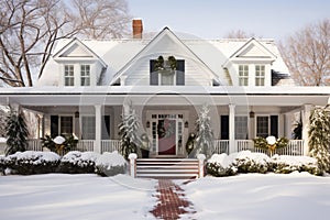 House exterior christmas decorations in the snow