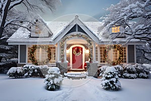 House exterior christmas decorations in the snow
