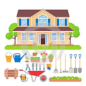 House exterior, garden tools set. Vector illustration.