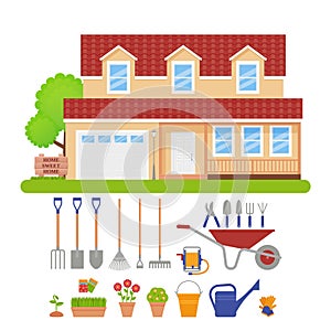 House exterior, garden tools set. Vector illustration.