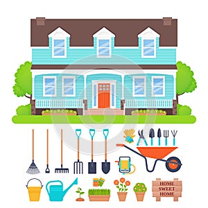 House exterior, garden tools set. Vector illustration.